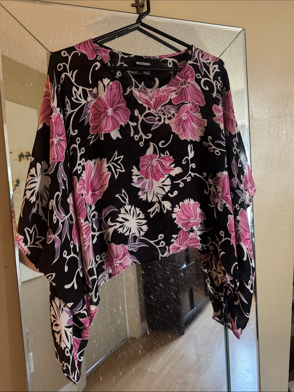 Notations Black silk Floral Top with Pink and White Blooms